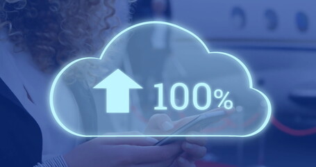 Image of cloud icon with growing number over caucasian businesswoman using smartphone