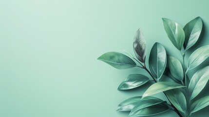 Green leaves on a pastel background with copy space. Nature and freshness concept. - obrazy, fototapety, plakaty
