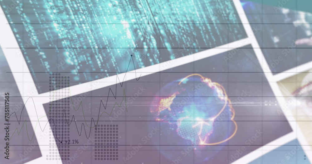 Poster image of charts and data processing over various clips playing on composite screens
