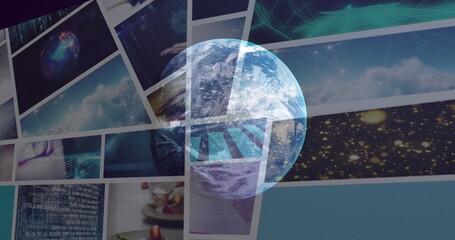 Obraz premium Image of globe in space over colourful clips playing on composite screens