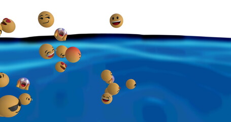 Digital image of multiple face emojis floating against blue liquid texture on white background