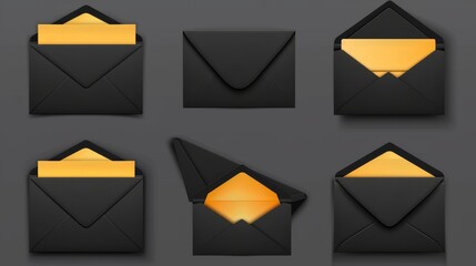 A set of black envelopes template. Each envelope is blank inside and outside, which is a craft paper covered envelope. Mock up of a folder for business documents and messages, in a realistic 3D - obrazy, fototapety, plakaty