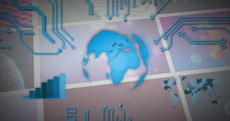 Image of blue globe, circuits and charts over colourful clips playing on composite screens