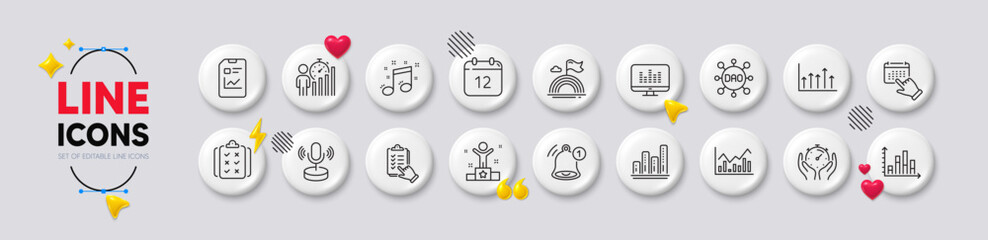 Winner, Timer and Annual calendar line icons. White buttons 3d icons. Pack of Music making, Reminder, Lgbt icon. Musical note, Infochart, Growth chart pictogram. Diagram graph, Dao, Checklist. Vector