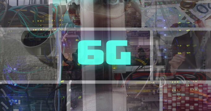 Image of 6g text and computer server cables over colourful clips playing on composite screens