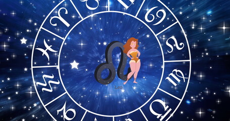 Obraz premium Image of horoscope symbols over stars on blue background