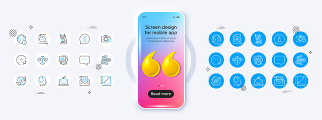 Intestine, Info and 24 hours line icons. Phone mockup with 3d quotation icon. Pack of Green energy, Laptop, Square area icon. Analytics graph, Photo camera, Presentation pictogram. Vector
