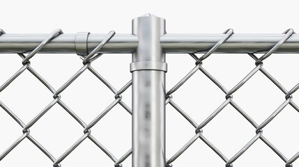 Grid with gate. Three segments silver colored fencing, perimeter protection barrier separated by metal poles, rabbit isolated on white background. Realistic 3d modern illustration. - obrazy, fototapety, plakaty