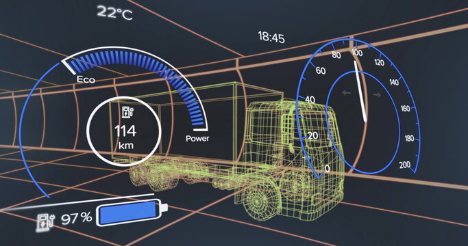 Image of speedometer over electric truck project on navy background