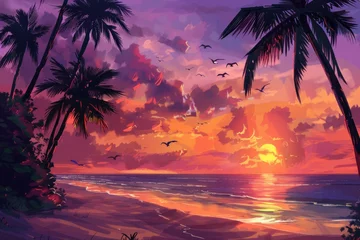 Schilderijen op glas Sunset painting with palm trees and birds. Tropical paradise scenery © Irfanan