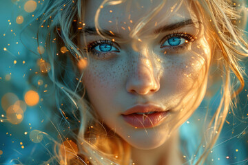 A portrait enhanced with ethereal retouching, evoking a sense of enchantment and wonder - obrazy, fototapety, plakaty
