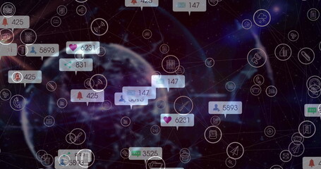 Image of globe with network of social media icons and numbers