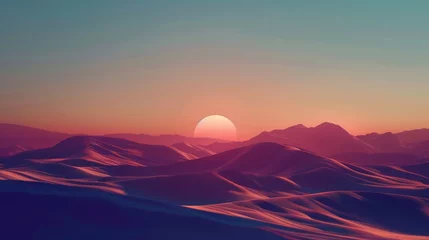 Photo sur Plexiglas Couleur saumon Digital illustration of desert landscape with mountains, sunset, and fluid shapes.