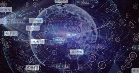 Image of globe with network of social media icons and numbers