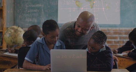 Image of math formulas moving over african american male teacher and pupils with laptop