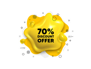 Abstract liquid 3d shape. 70 percent discount tag. Sale offer price sign. Special offer symbol. Discount message. Fluid speech bubble banner. Yellow text liquid shape. Vector