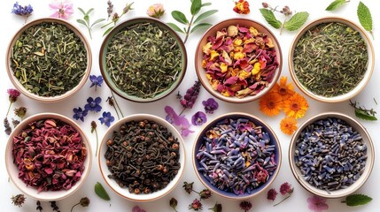 A set of dry herbal and floral tea. Green, black, composition teas isolated on white background., minimal background, detailed, natural light, sharp, top view. Generative AI.