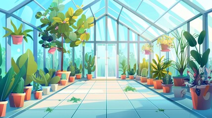 Plants, trees, and flowers in an empty glass greenhouse. Modern cartoon of a nursery for growing garden plants in pots. - obrazy, fototapety, plakaty