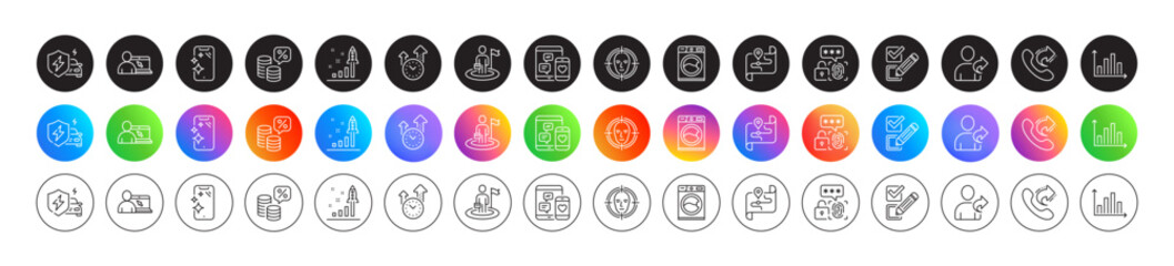 Washing machine, Car charging and Social media line icons. Round icon gradient buttons. Pack of Money tax, Biometric security, Face detect icon. Vector