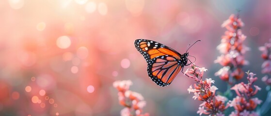 A monarch butterfly on a flower in a field of flowers with a blurry background