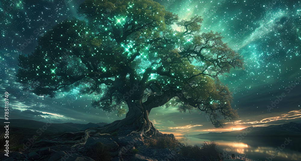 Aufkleber glowing ancient tree of life in northern light. generative ai.