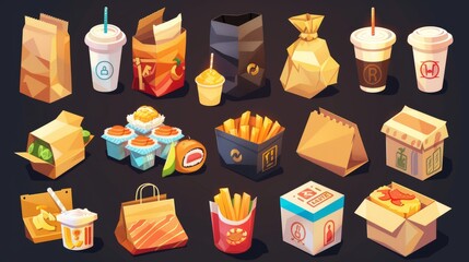 A set of cartoon modern illustrations representing food boxes, carton bags, cups, takeaway paper packages for fastfood cafe meals such as sushi, rolls, pizza, french fries, coffee, and drinks for