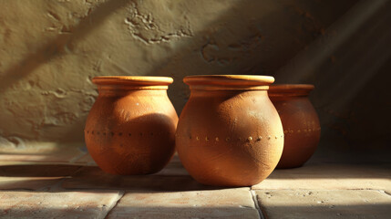 Three terracotta pots bask in warm sunlight with contrasting shadows.