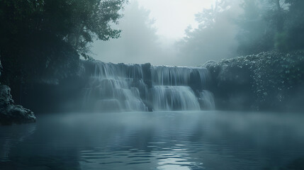 Misty morning shot of waterfall with fog in nature landscape