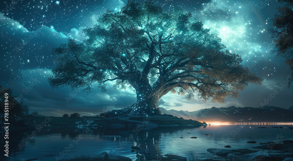 Aufkleber glowing ancient tree of life in northern light. generative ai.
