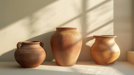 Fototapeta na wymiar Three terracotta pots bask in warm sunlight with contrasting shadows.