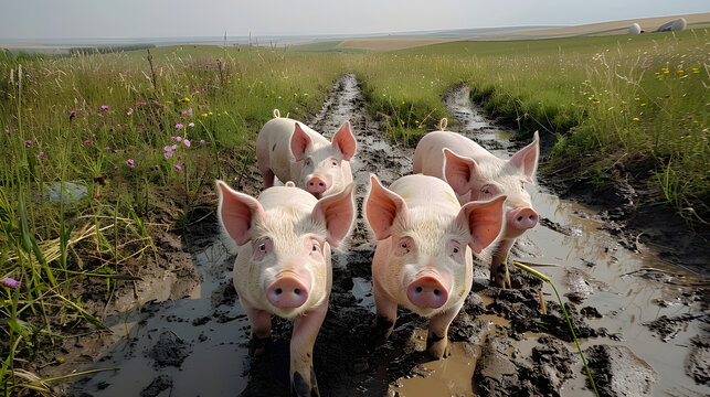 Happy pigs roaming free and farm meadow and mud. Farm animal welfare and care.