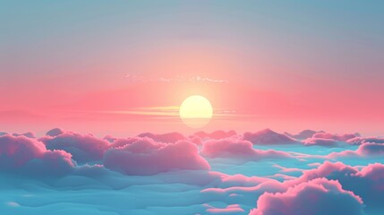 Stylized digital landscape with sunset over fluffy clouds.