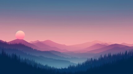 Layered mountain landscape with rising sun and pine forest silhouette