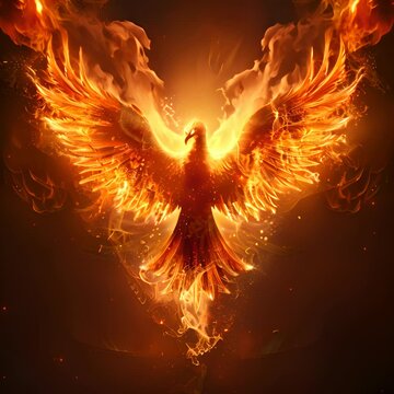 A majestic phoenix rises from the ashes with its wings spread wide.
