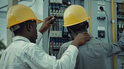 Engineers are working together to fix an electrical circuit problem.