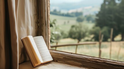 An open book sits on a windowsill, next to a white curtain. The window looks out onto a green field. - obrazy, fototapety, plakaty