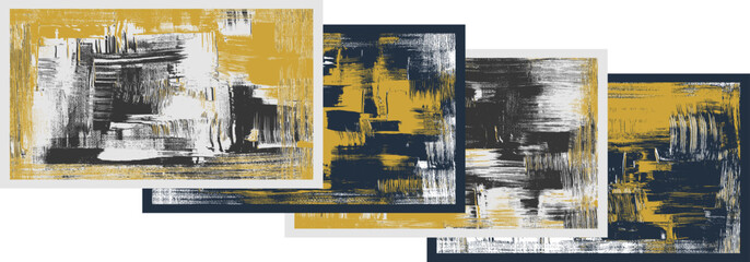 Grungy backgrounds rough paint strokes on canvas, set of four abstract paintings, cross hatching backdrop