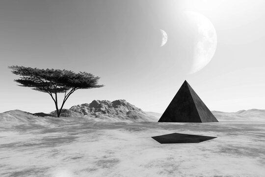 Pyramid flying over deserted land