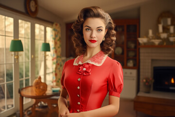 beautiful 50s housewife wearing a red dress in retro style - 785119703