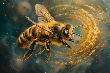 Capture the intricate details of a wide-angle view bee delicately holding a jar of golden honey,...