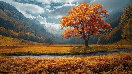 Stunning landscape view, autumn scene, Autumn forest path, Orange color tree, red brown maple...