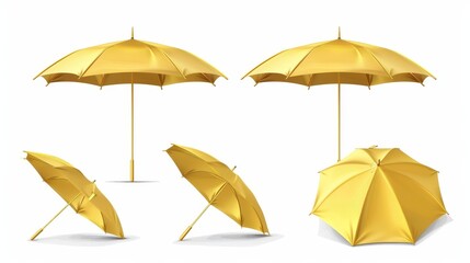 There are 3d moderns showing a gold umbrella with a golden parasol top, a front and side view with shadow, luxury accessories for preventing rain or solar beams, a shiny shield made of yellow, a side - obrazy, fototapety, plakaty