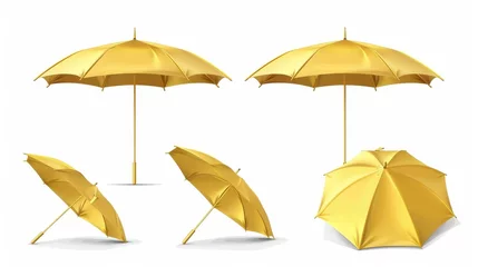 Fotobehang There are 3d moderns showing a gold umbrella with a golden parasol top, a front and side view with shadow, luxury accessories for preventing rain or solar beams, a shiny shield made of yellow, a side © Mark