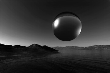 Glass sphere flying over the sea - obrazy, fototapety, plakaty