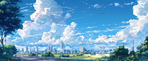 A cityscape with clouds in the sky, in the style of anime. 