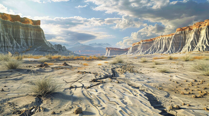 Arid desert with towering cliffs under a vast blue sky.