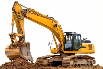 Yellow excavator with hydraulic arm raised, digging through soil, isolated on white background.