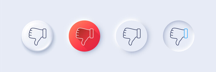 Dislike hand line icon. Neumorphic, Red gradient, 3d pin buttons. Thumbs down finger sign. Gesture symbol. Line icons. Neumorphic buttons with outline signs. Vector