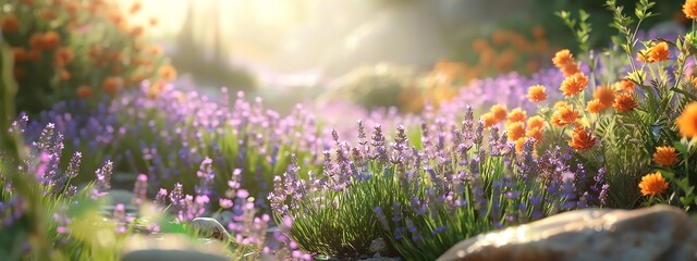 Illustrate a bees perspective in a garden of lavender using digital photorealistic rendering,...
