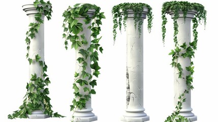 Ancient classical stone roman or greek architecture for interior facade design with ivy columns and climbing liana plants on white background. A realistic 3d modern set of classical stone stone roman